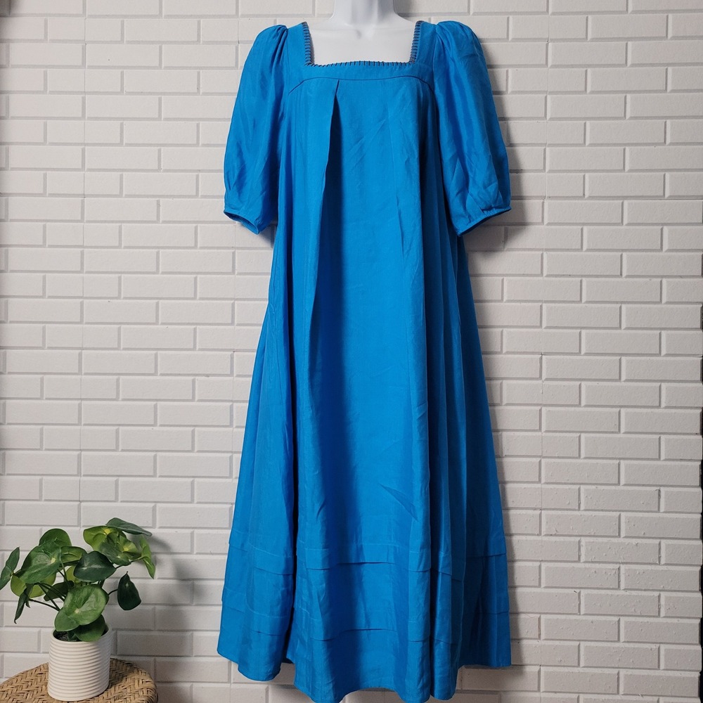 Hunter Bell Waverly Dress Small Blue Square Neck Maxi Linen w/ Pockets NWT